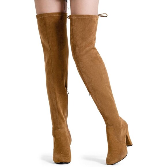 Women's Camel Brown Suede Inner Zipper Thigh High Over The Knee High Heel Boots - Picture 2 of 7